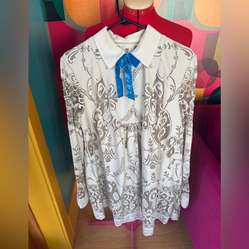 Anna Sui x Target White & Taupe Lace Pattern Polo Dress with Blue Ribbon